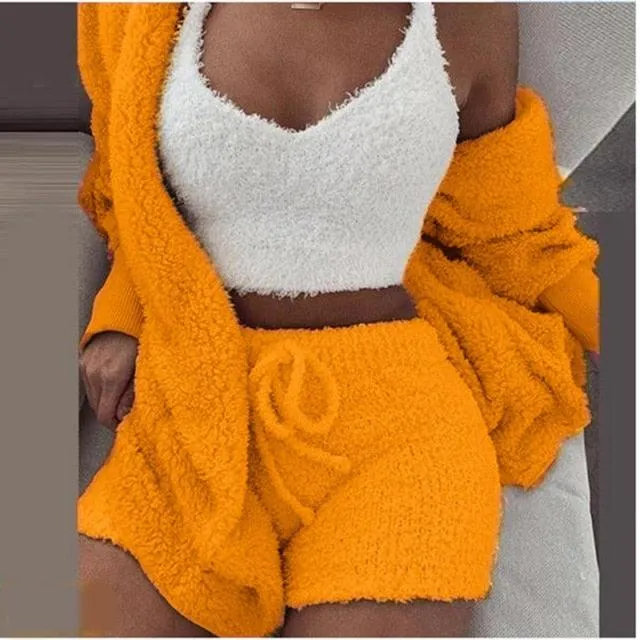 Sexy 3 Pieces Autumn Winter Woman Pajamas Sexy Lamb Wool Pajamas Set Leisure Sleepwear Vest Shorts Suit Trousers Homewear