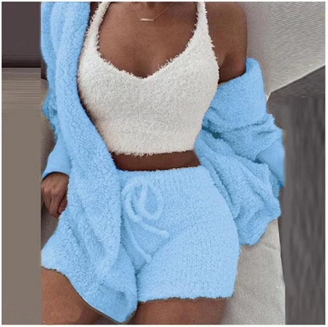 Sexy 3 Pieces Autumn Winter Woman Pajamas Sexy Lamb Wool Pajamas Set Leisure Sleepwear Vest Shorts Suit Trousers Homewear