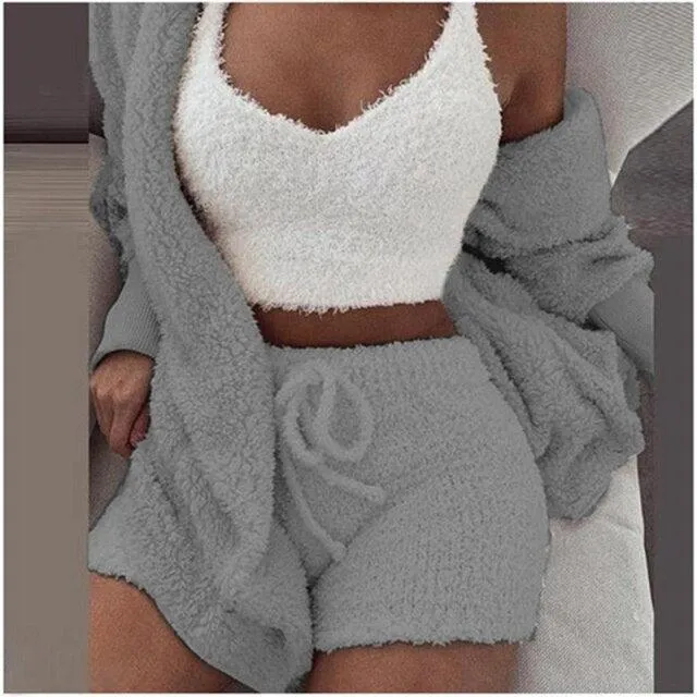 Sexy 3 Pieces Autumn Winter Woman Pajamas Sexy Lamb Wool Pajamas Set Leisure Sleepwear Vest Shorts Suit Trousers Homewear