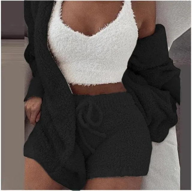Sexy 3 Pieces Autumn Winter Woman Pajamas Sexy Lamb Wool Pajamas Set Leisure Sleepwear Vest Shorts Suit Trousers Homewear