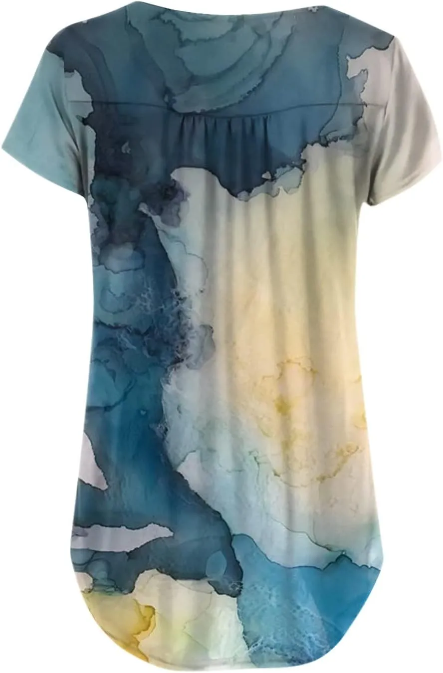 Sexy Tops for Women Plus Size Loose Gradient Shirt Short Sleeve Summer Top Tunic Button V-Neck Blouse Tees