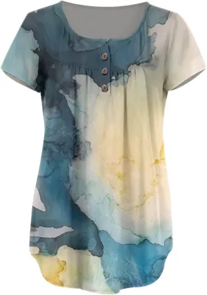 Sexy Tops for Women Plus Size Loose Gradient Shirt Short Sleeve Summer Top Tunic Button V-Neck Blouse Tees
