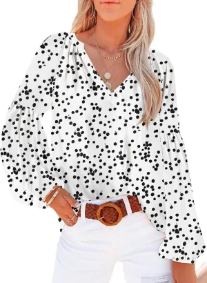 SHEWIN Women's Casual Boho Floral Print V Neck Long Sleeve Loose Blouses Shirts Tops