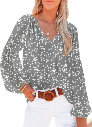 SHEWIN Women's Casual Boho Floral Print V Neck Long Sleeve Loose Blouses Shirts Tops