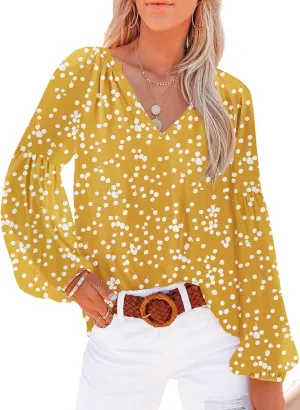 SHEWIN Women's Casual Boho Floral Print V Neck Long Sleeve Loose Blouses Shirts Tops