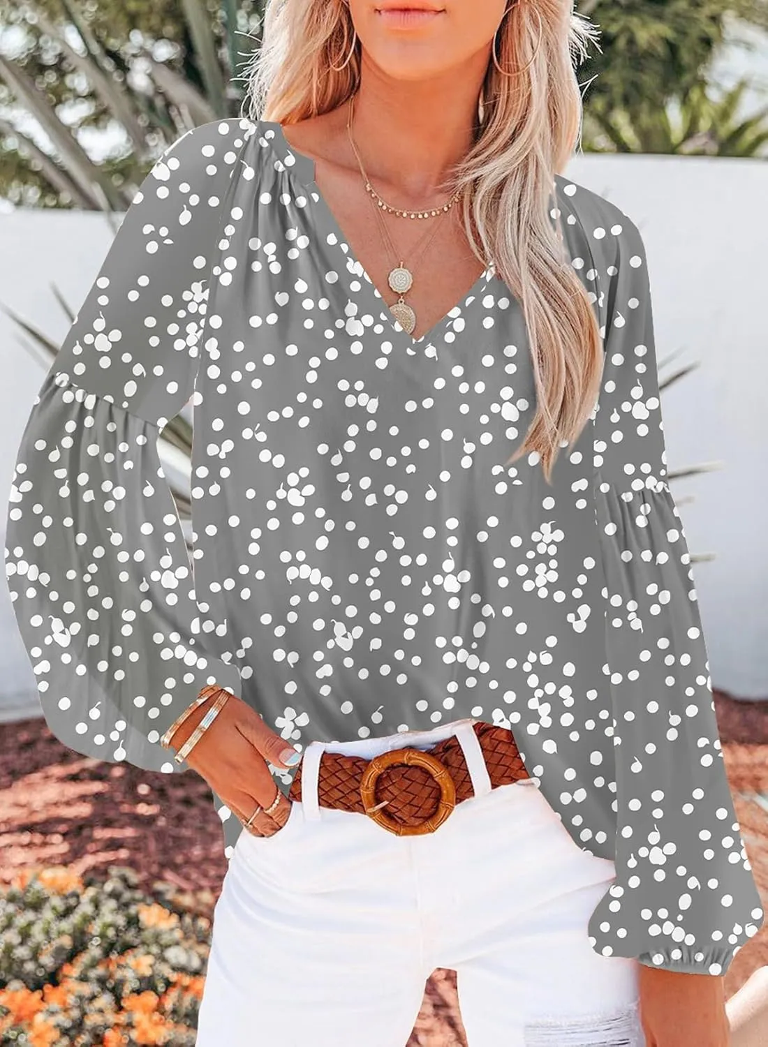 SHEWIN Women's Casual Boho Floral Print V Neck Long Sleeve Loose Blouses Shirts Tops