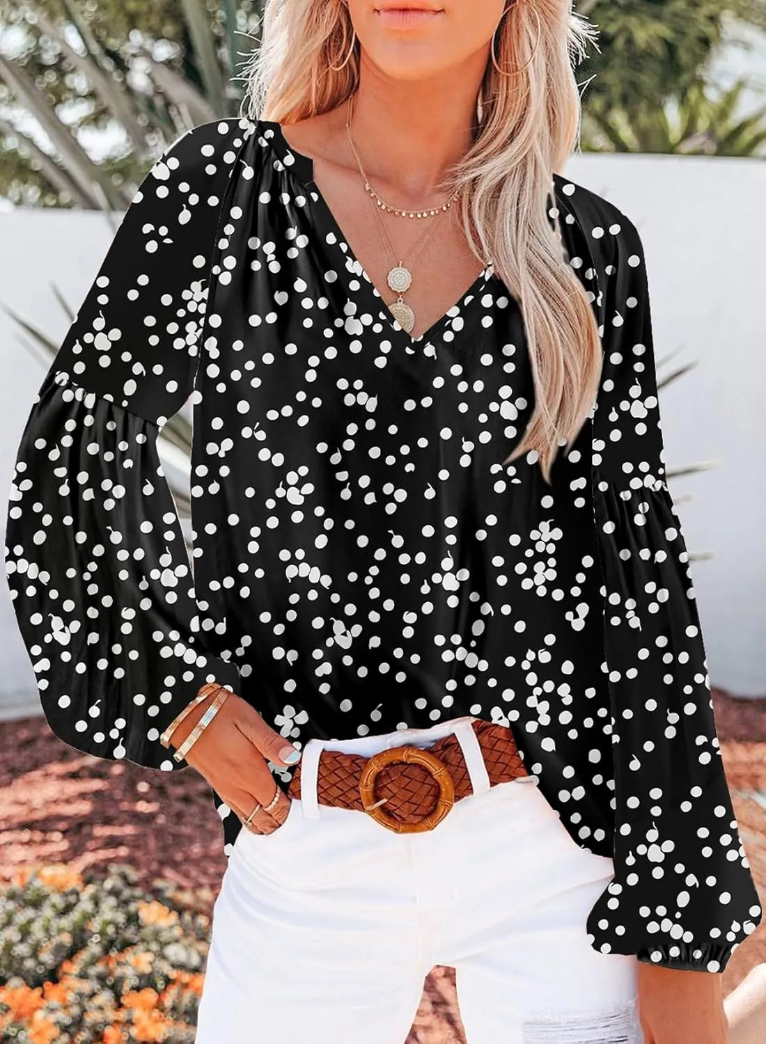 SHEWIN Women's Casual Boho Floral Print V Neck Long Sleeve Loose Blouses Shirts Tops