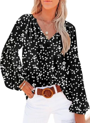 SHEWIN Women's Casual Boho Floral Print V Neck Long Sleeve Loose Blouses Shirts Tops