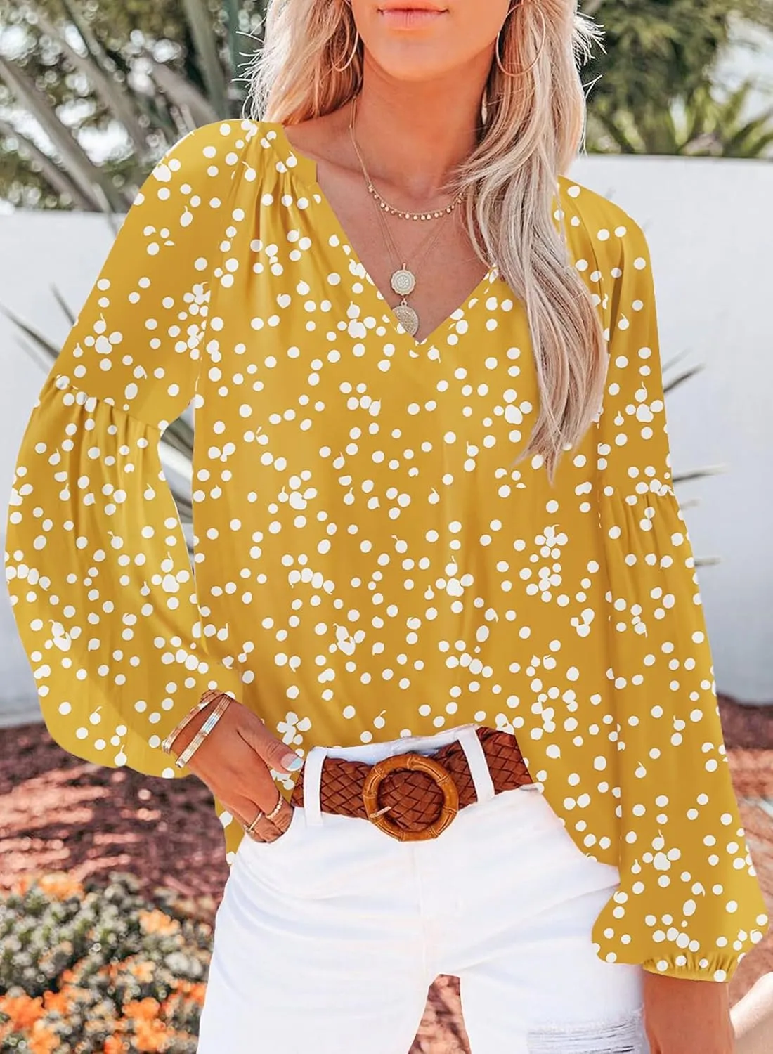 SHEWIN Women's Casual Boho Floral Print V Neck Long Sleeve Loose Blouses Shirts Tops
