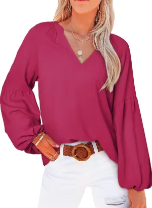 SHEWIN Women's Casual Boho Floral Print V Neck Long Sleeve Loose Blouses Shirts Tops