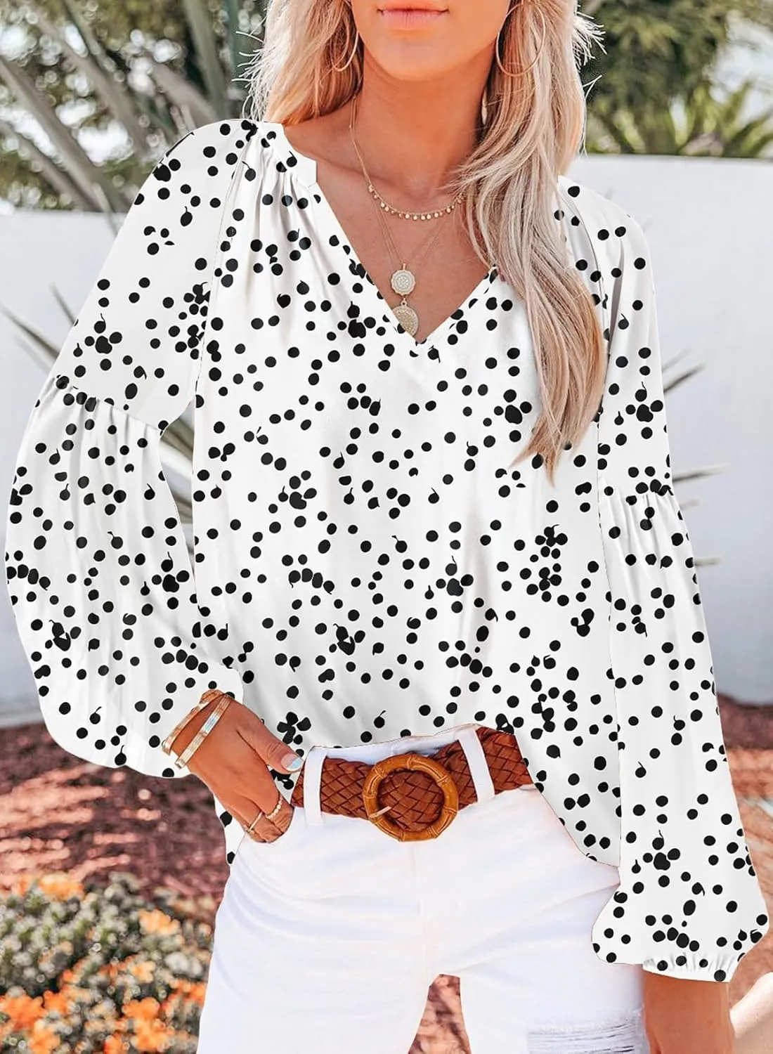 SHEWIN Women's Casual Boho Floral Print V Neck Long Sleeve Loose Blouses Shirts Tops
