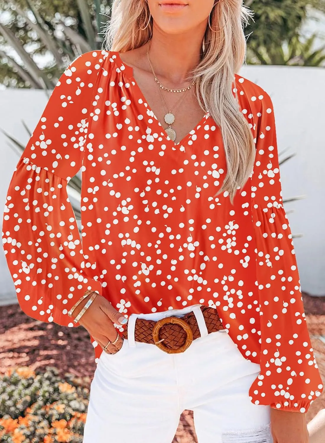 SHEWIN Women's Casual Boho Floral Print V Neck Long Sleeve Loose Blouses Shirts Tops
