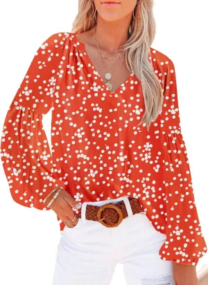SHEWIN Women's Casual Boho Floral Print V Neck Long Sleeve Loose Blouses Shirts Tops
