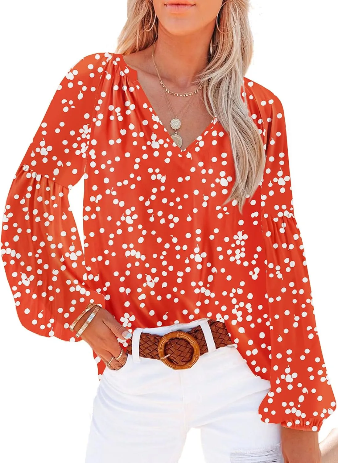 SHEWIN Women's Casual Boho Floral Print V Neck Long Sleeve Loose Blouses Shirts Tops