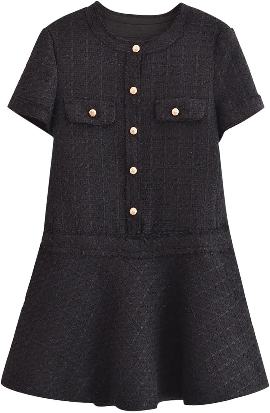 Short Sleeve Tweed Dress Women Casual Crewneck Button Formal Evening Mini Dress Elegant Texture Shift Dresses Outfits