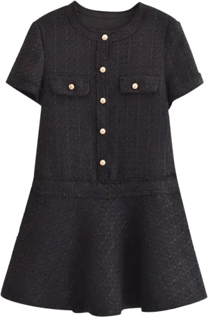 Short Sleeve Tweed Dress Women Casual Crewneck Button Formal Evening Mini Dress Elegant Texture Shift Dresses Outfits