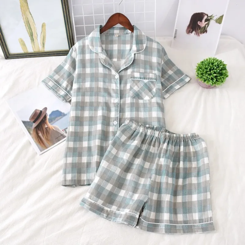 Short Sleeved Plaid Pajamas Suit