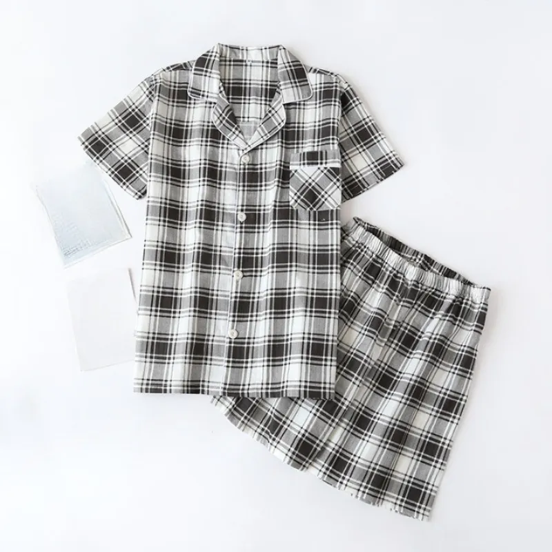 Short Sleeved Plaid Pajamas Suit