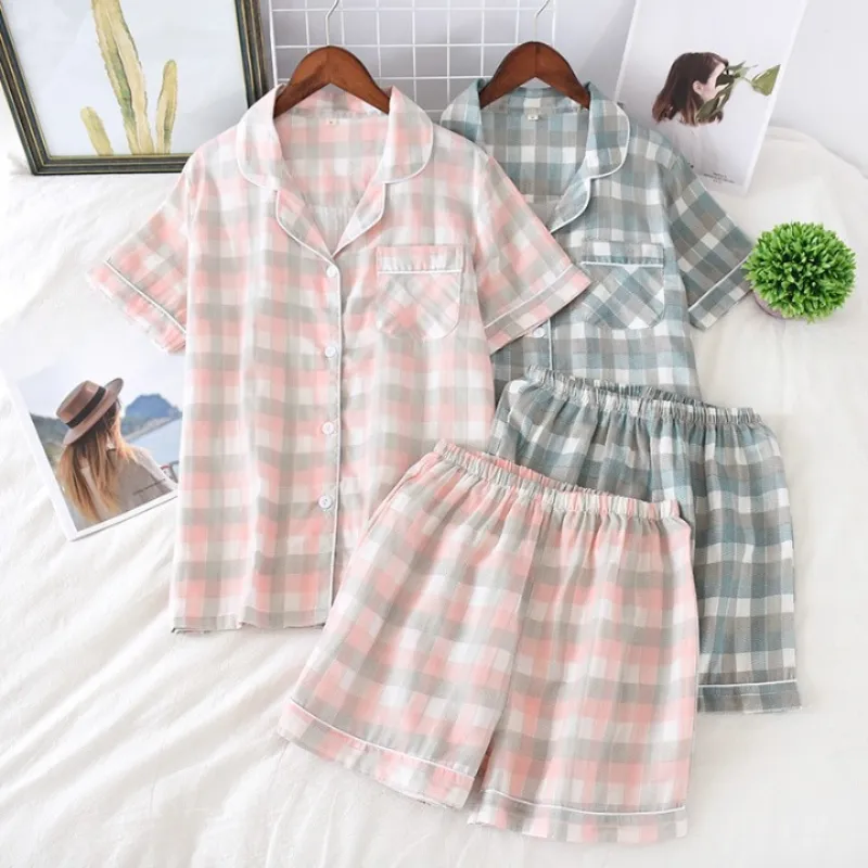 Short Sleeved Plaid Pajamas Suit