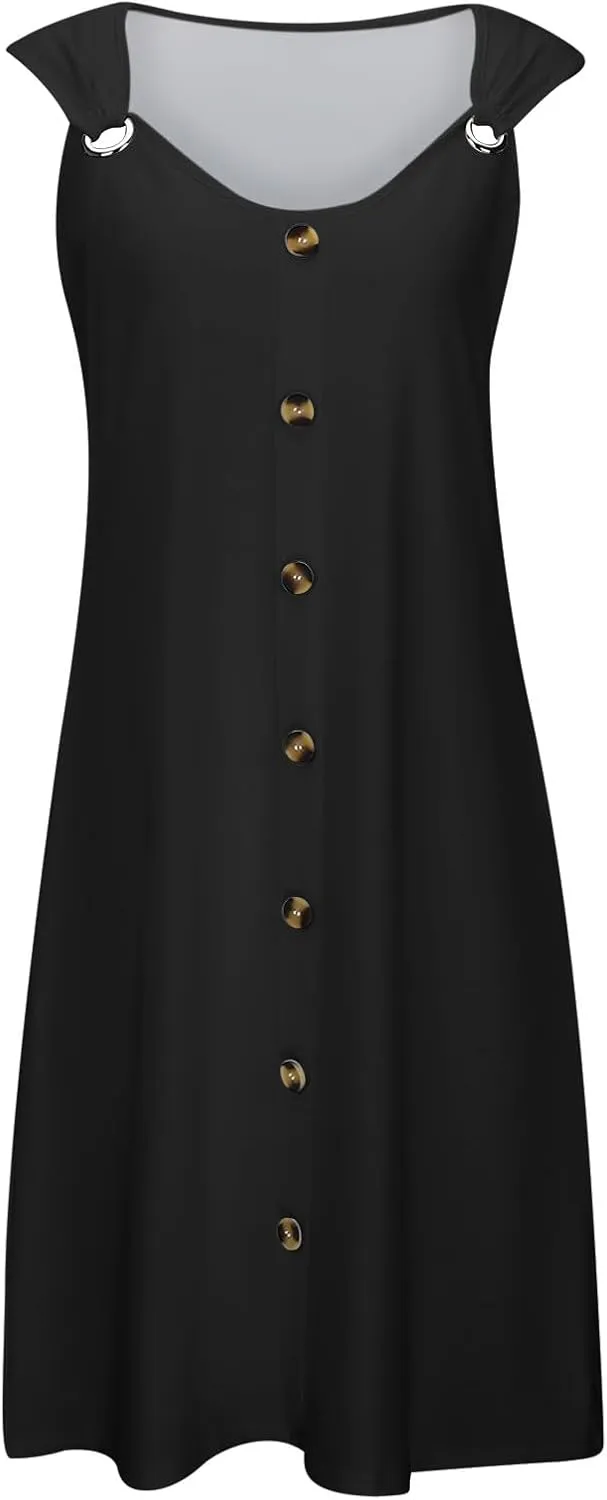 Short Summer Dresses for Women Boho Classy Button Down Sleeveless Sexy Dress with Pockets 1950S Evening Party Beachy Outfits