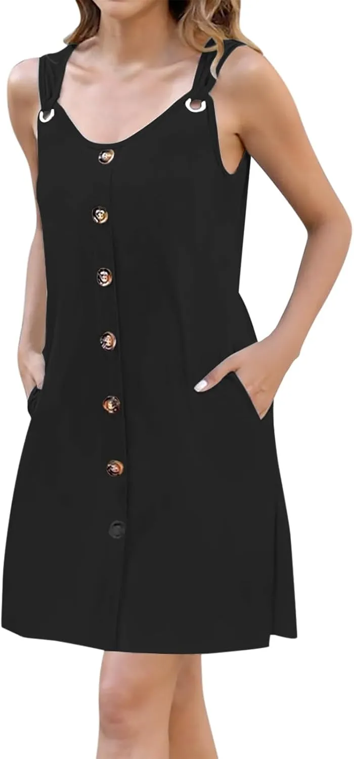 Short Summer Dresses for Women Boho Classy Button Down Sleeveless Sexy Dress with Pockets 1950S Evening Party Beachy Outfits