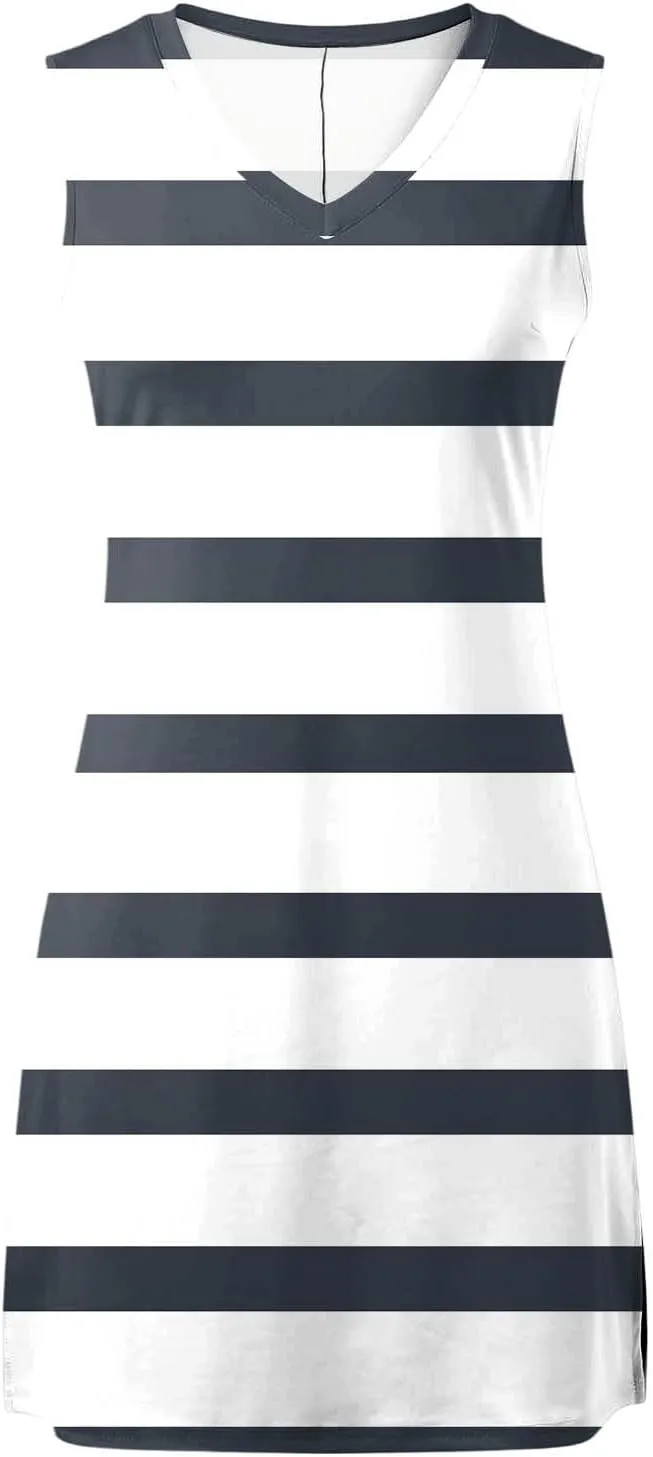 Short Summer Dresses for Women Fashion Striped Sleeveless V Neck Tshirt Mini Dress Bohemian Wedding Teacher Outfits