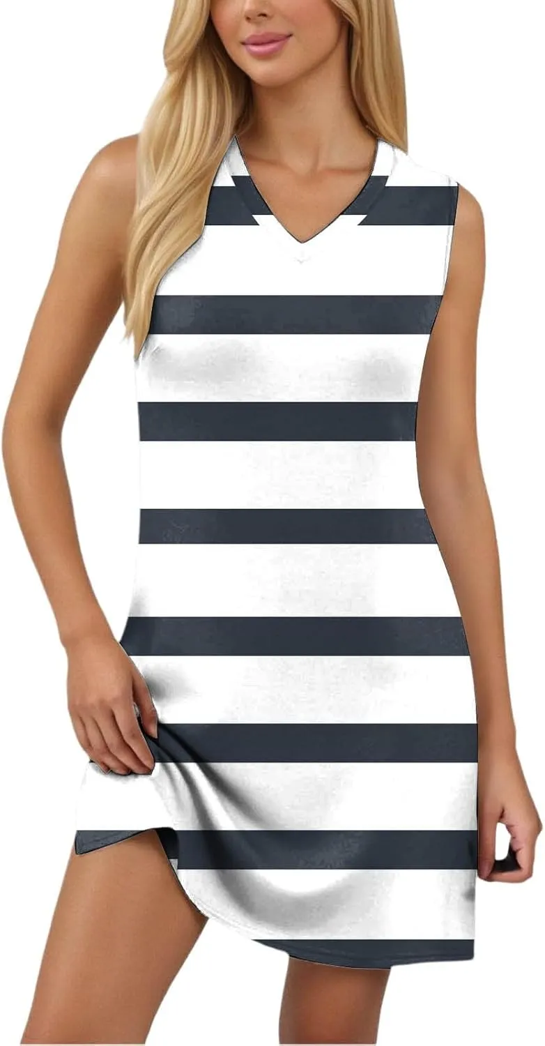 Short Summer Dresses for Women Fashion Striped Sleeveless V Neck Tshirt Mini Dress Bohemian Wedding Teacher Outfits