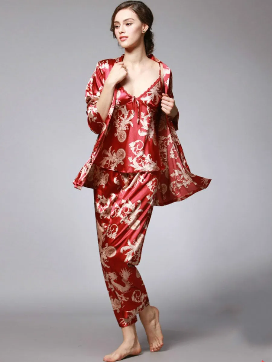 Silk pair pajamas women summer three-piece suit long-sleeved