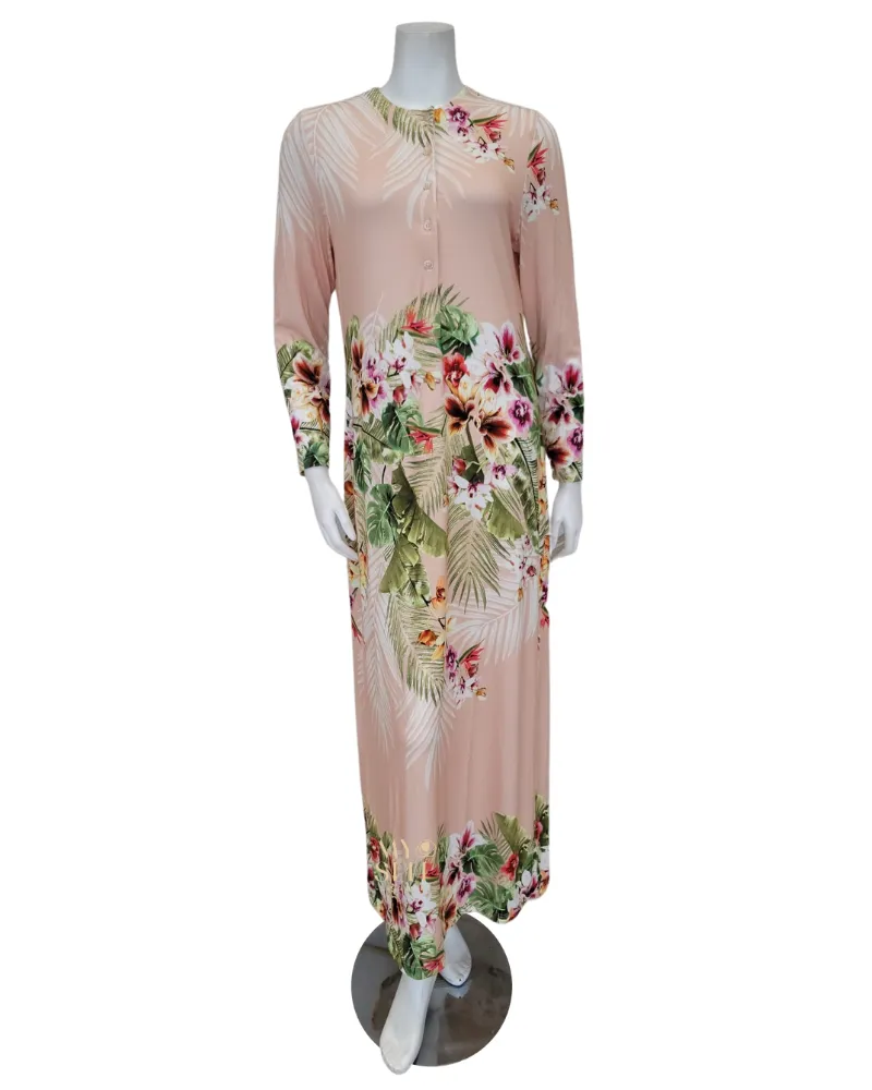 Simondona Peach Floral Print Button Down Modal Nightgown