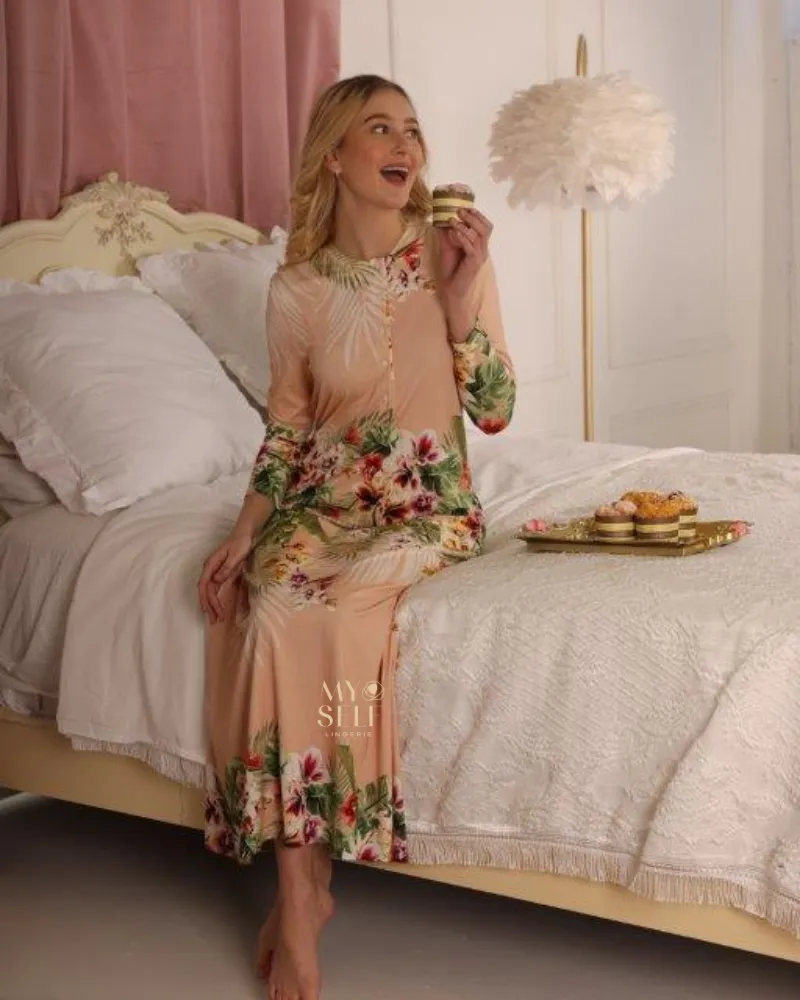 Simondona Peach Floral Print Button Down Modal Nightgown