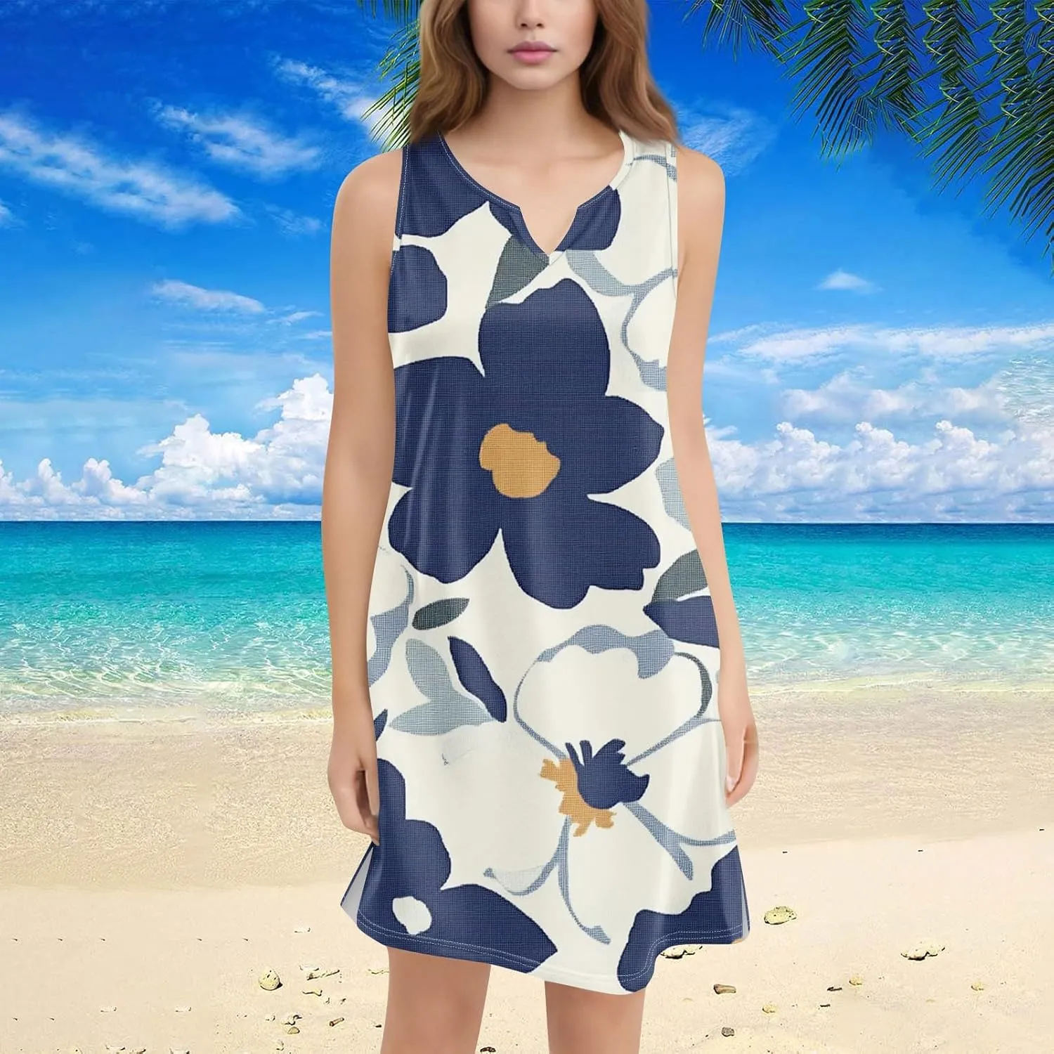 Sleeveless Dress for Women Casual Beach Dresses V-Neck Loose Sundress Floral Printed 2025 Summer Dress with Pockets