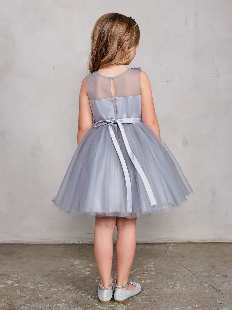 Sleeveless Short Dress with 3D flowers Flower Girl Silver  Dress Tip Top 7027