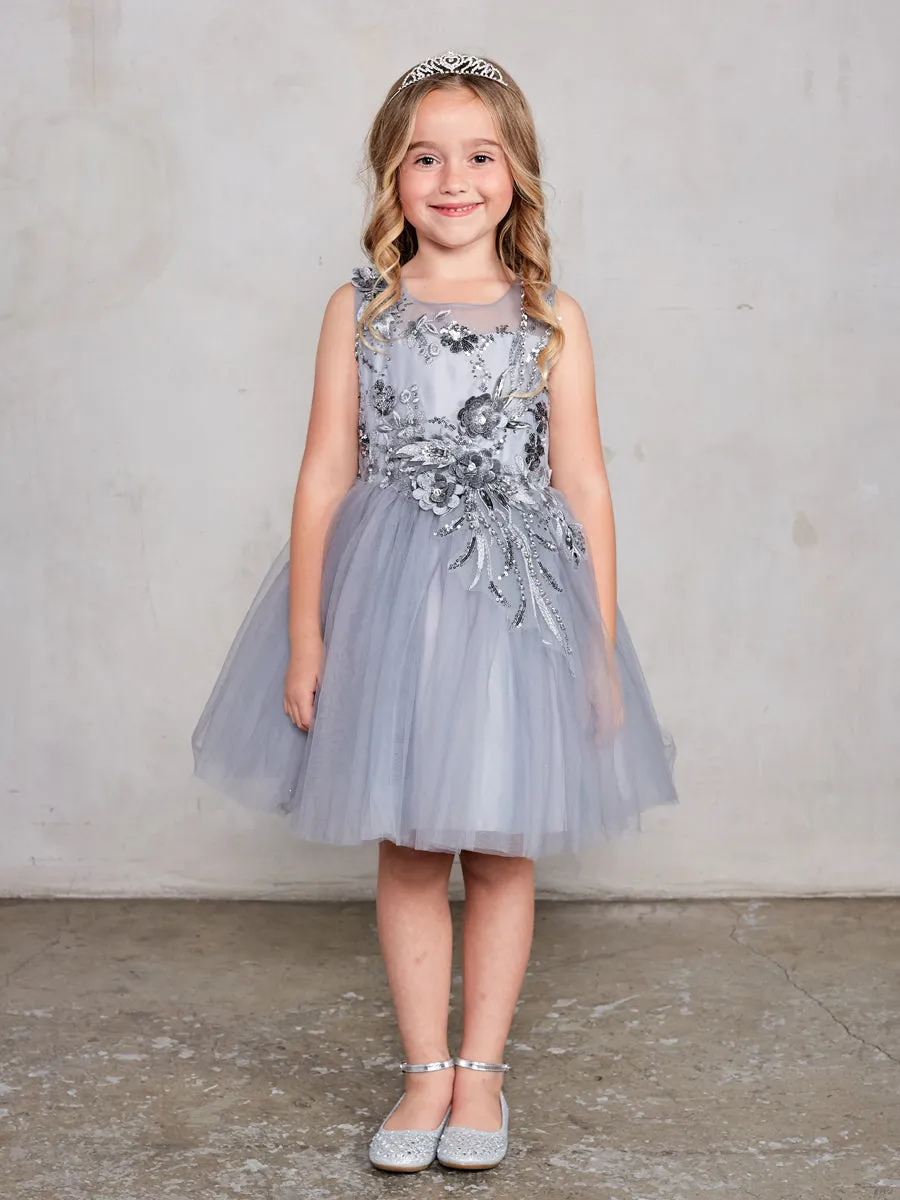 Sleeveless Short Dress with 3D flowers Flower Girl Silver  Dress Tip Top 7027