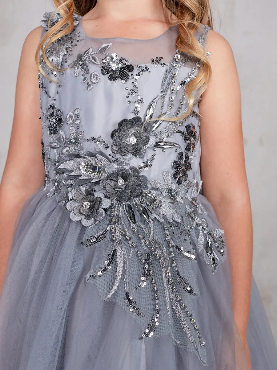 Sleeveless Short Dress with 3D flowers Flower Girl Silver  Dress Tip Top 7027