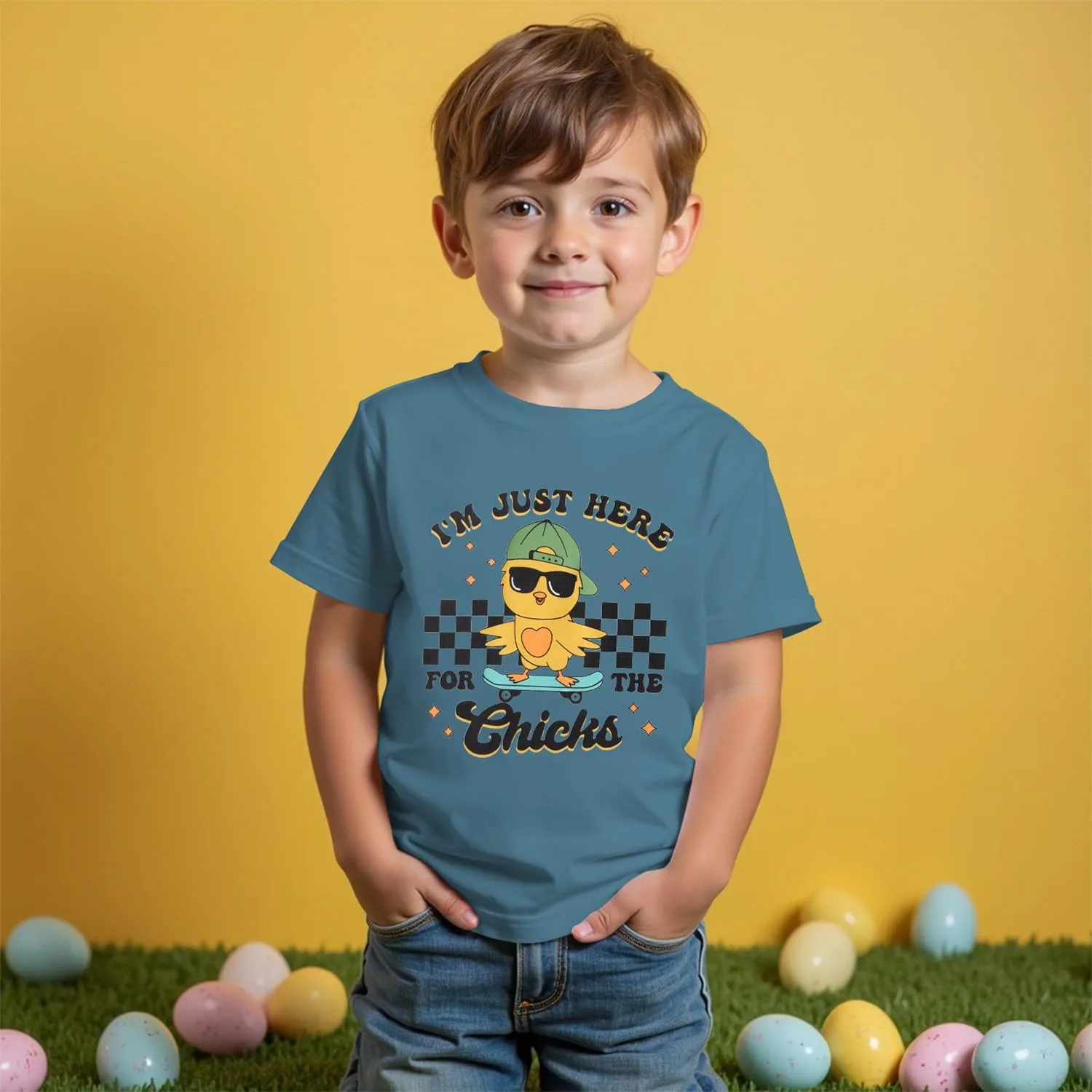 SOFEON Toddler Boy Easter Shirt Funny Chick Skateboard T-Shirt I'm Just Here for The Chicks Graphic Short Sleeve Tees Top