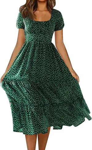 Spring Dresses for Women Floral Maxi Dress Beach Vacation Clothes Short Sleeve Casual Summer Ruffled Flowy Sundresses