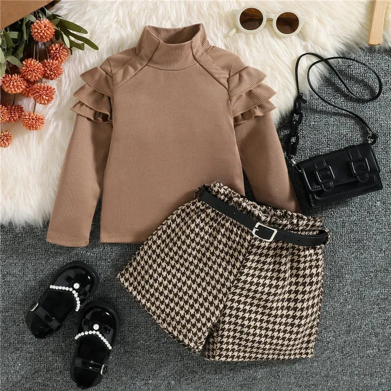 Spring Fall Children Kids Girls Clothing Sets Long Sleeve Knitted Tops Plaid Shorts With Belt Toddler Clothing Costumes