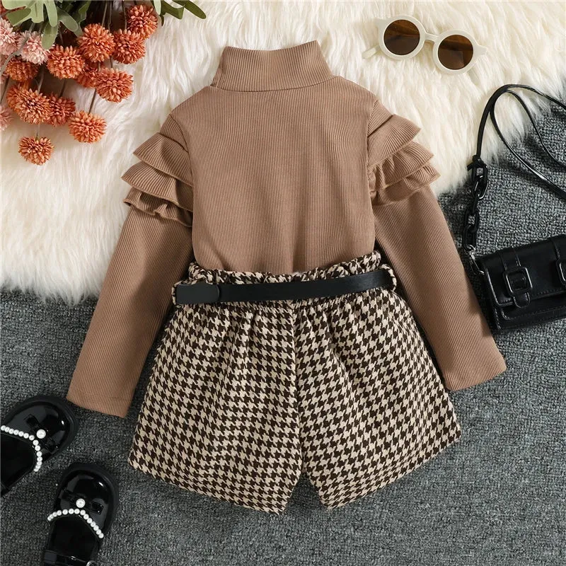 Spring Fall Children Kids Girls Clothing Sets Long Sleeve Knitted Tops Plaid Shorts With Belt Toddler Clothing Costumes