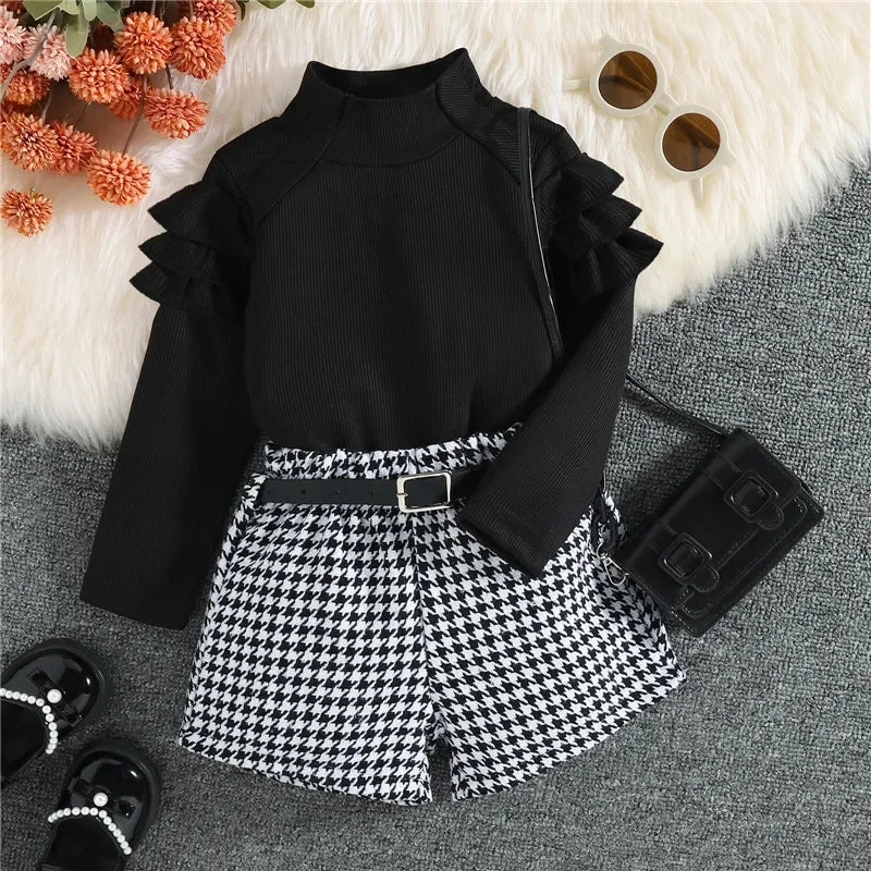 Spring Fall Children Kids Girls Clothing Sets Long Sleeve Knitted Tops Plaid Shorts With Belt Toddler Clothing Costumes