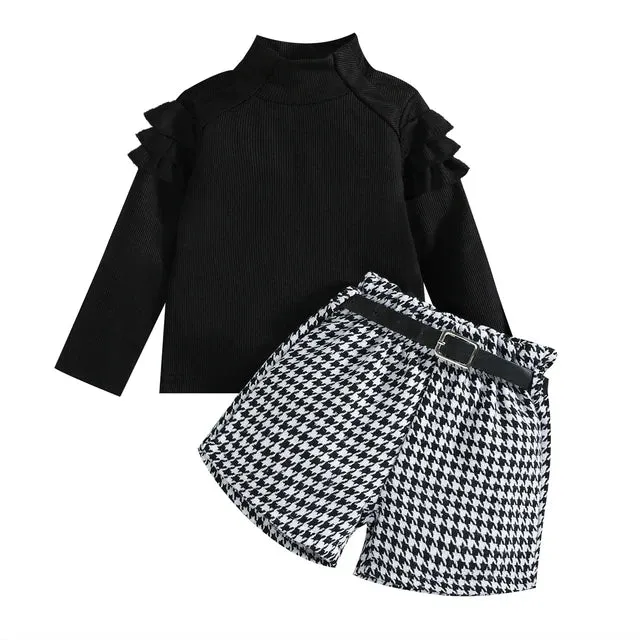 Spring Fall Children Kids Girls Clothing Sets Long Sleeve Knitted Tops Plaid Shorts With Belt Toddler Clothing Costumes