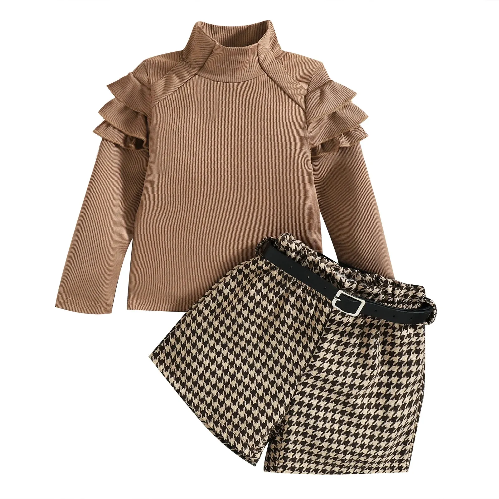 Spring Fall Children Kids Girls Clothing Sets Long Sleeve Knitted Tops Plaid Shorts With Belt Toddler Clothing Costumes