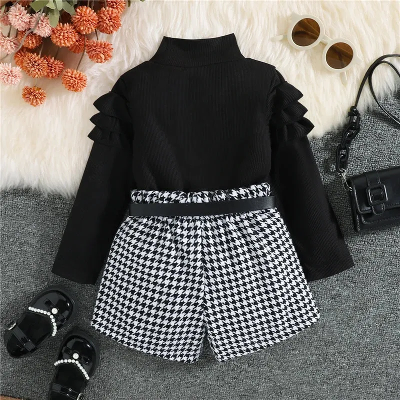 Spring Fall Children Kids Girls Clothing Sets Long Sleeve Knitted Tops Plaid Shorts With Belt Toddler Clothing Costumes
