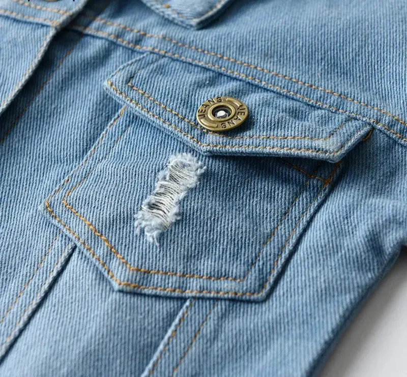 Spring Fall Kids Casual Jacket Girls Ripped Holes Jeans Coats Little Boys Girls Denim Outerwear Costume 12M-6Y