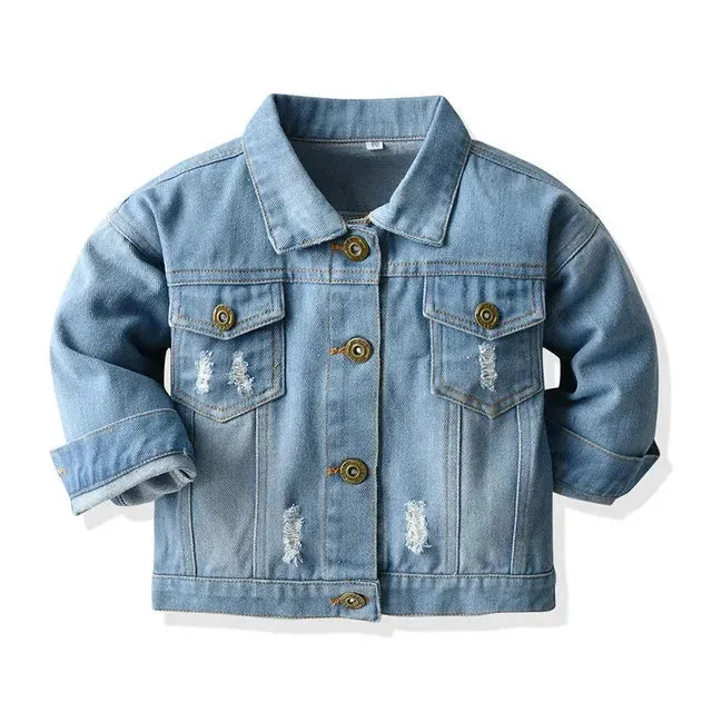 Spring Fall Kids Casual Jacket Girls Ripped Holes Jeans Coats Little Boys Girls Denim Outerwear Costume 12M-6Y