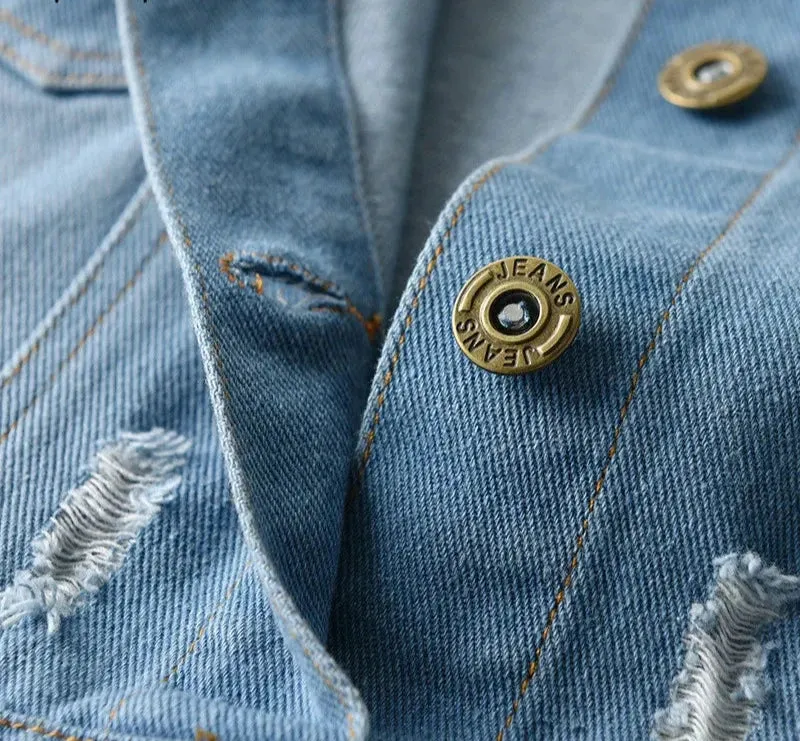 Spring Fall Kids Casual Jacket Girls Ripped Holes Jeans Coats Little Boys Girls Denim Outerwear Costume 12M-6Y