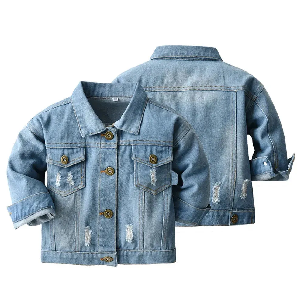 Spring Fall Kids Casual Jacket Girls Ripped Holes Jeans Coats Little Boys Girls Denim Outerwear Costume 12M-6Y