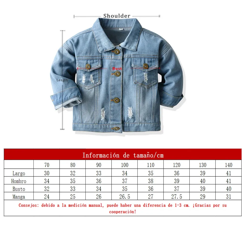Spring Fall Kids Casual Jacket Girls Ripped Holes Jeans Coats Little Boys Girls Denim Outerwear Costume 12M-6Y