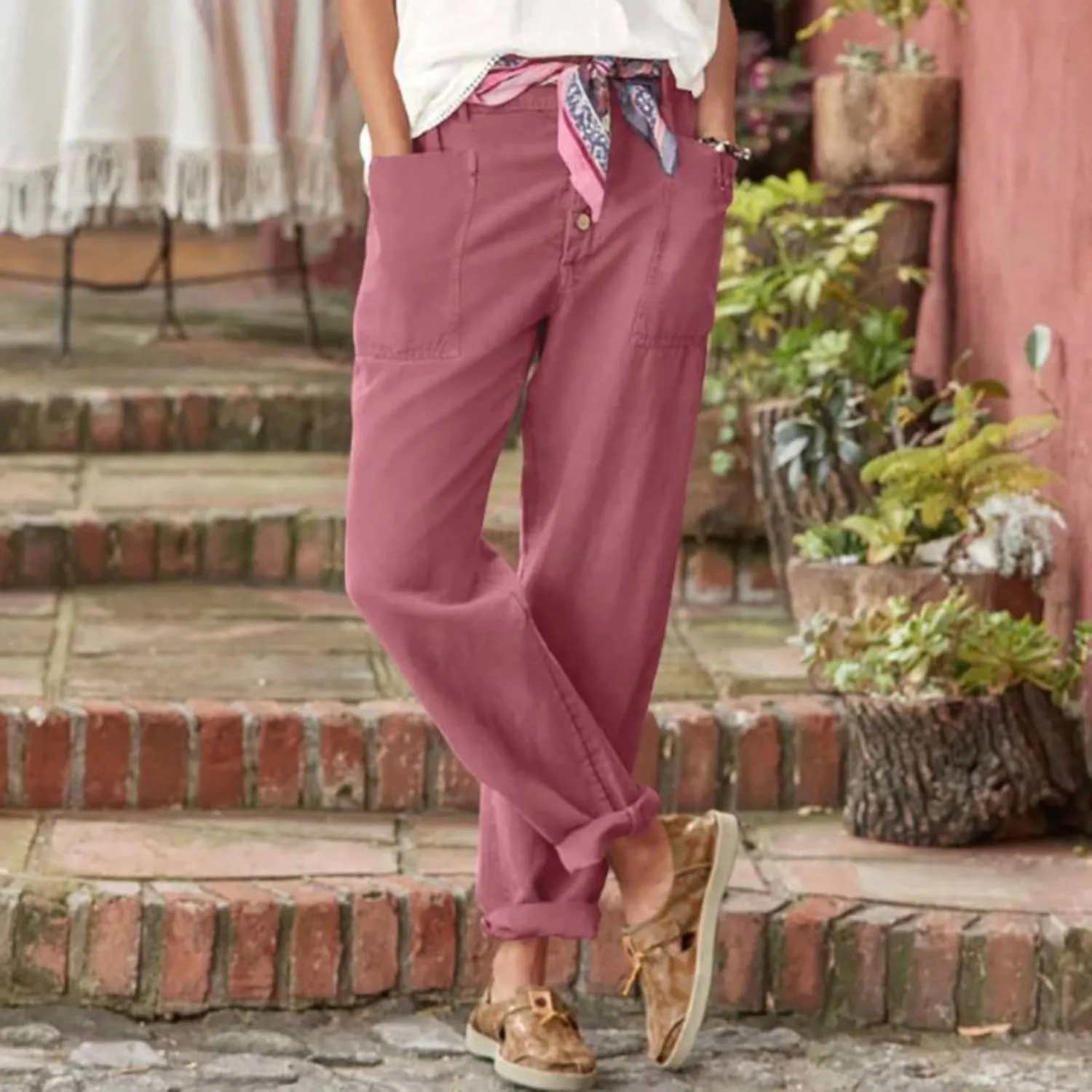 Straight Leg Lightweight Solid Trousers for Women High Waisted Button Down Linen Pants with Pockets