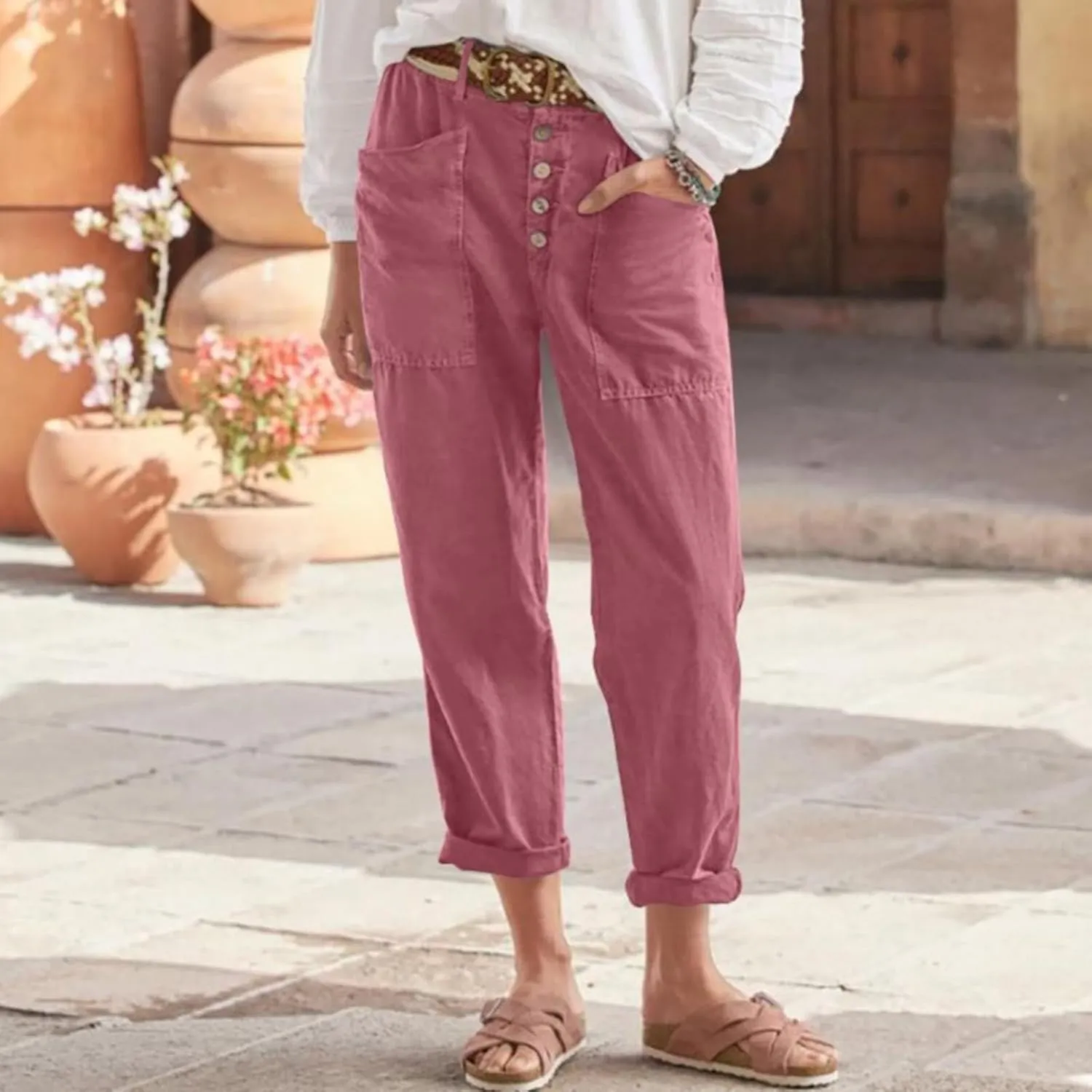 Straight Leg Lightweight Solid Trousers for Women High Waisted Button Down Linen Pants with Pockets