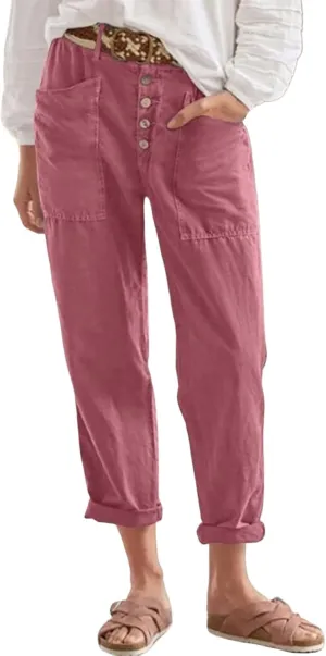 Straight Leg Lightweight Solid Trousers for Women High Waisted Button Down Linen Pants with Pockets